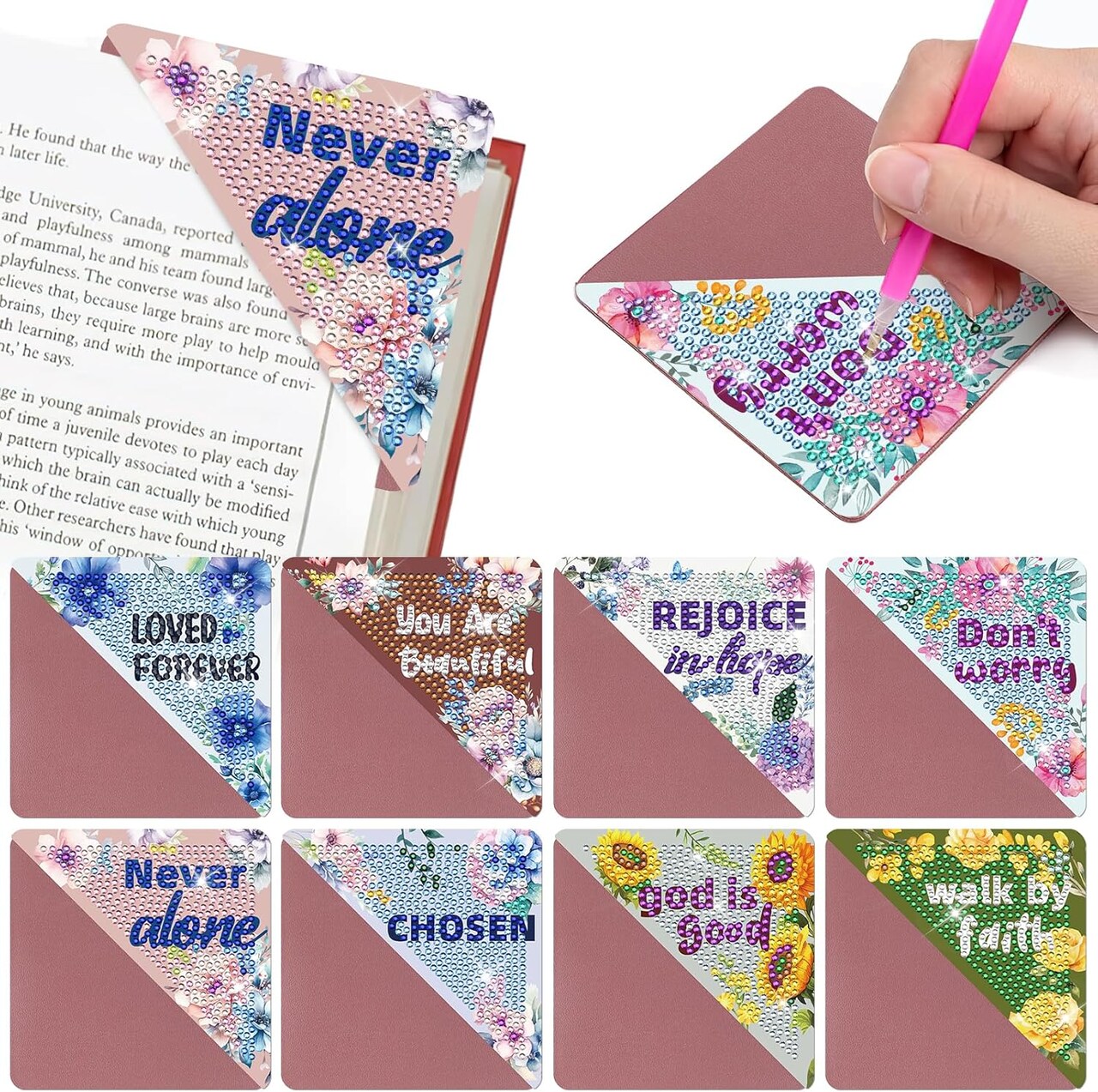 8PCS Christian Diamond Painting Bookmarks – Bible Verse DIY Corner Bookmarks, Inspirational Flower Religious Craft Kit for Adults & Beginners